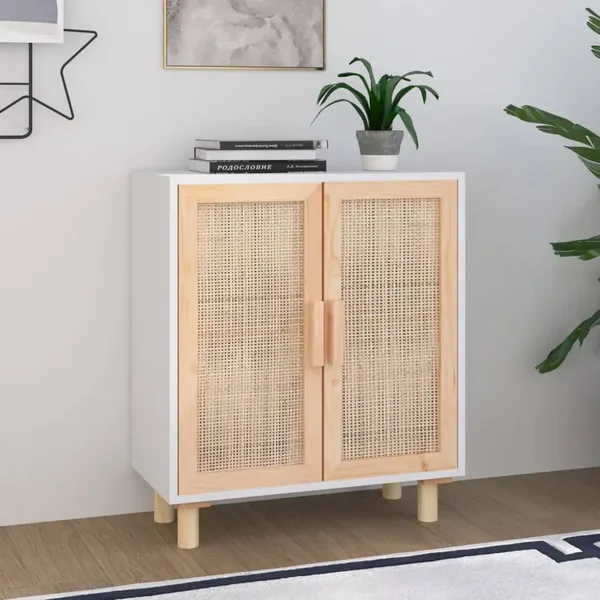 Buffet Blanc 60x30x70 cm Bois de pin massif et rotin naturel