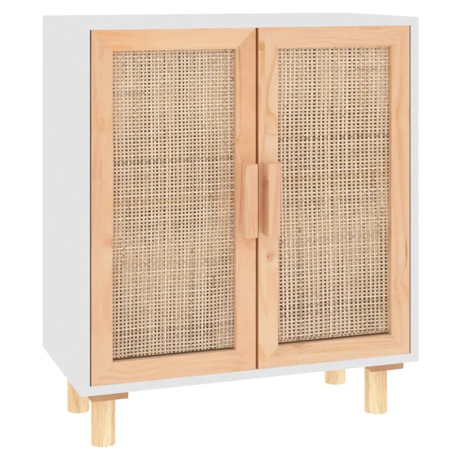 Buffet Blanc 60x30x70 cm Bois de pin massif et rotin naturel - 2