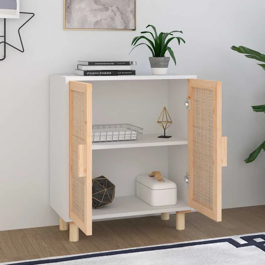 Buffet Blanc 60x30x70 cm Bois de pin massif et rotin naturel - 3