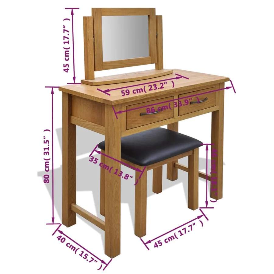 Coiffeuse avec tabouret Bois de chêne massif - 6