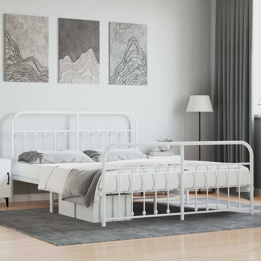 Cadre de lit métal sans matelas et pied de lit blanc 160x200 cm