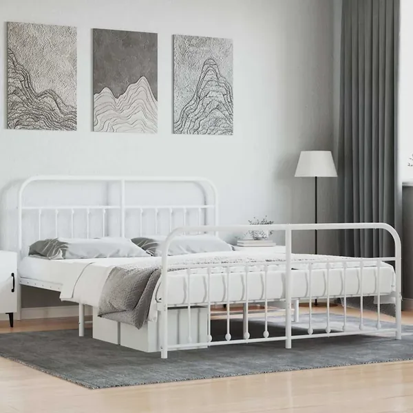 Cadre de lit métal sans matelas et pied de lit blanc 160x200 cm