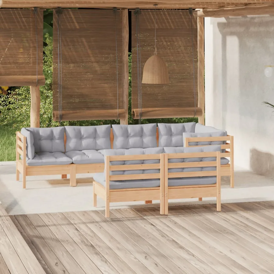Salon de jardin 7 pcs avec coussins gris bois de pin massif