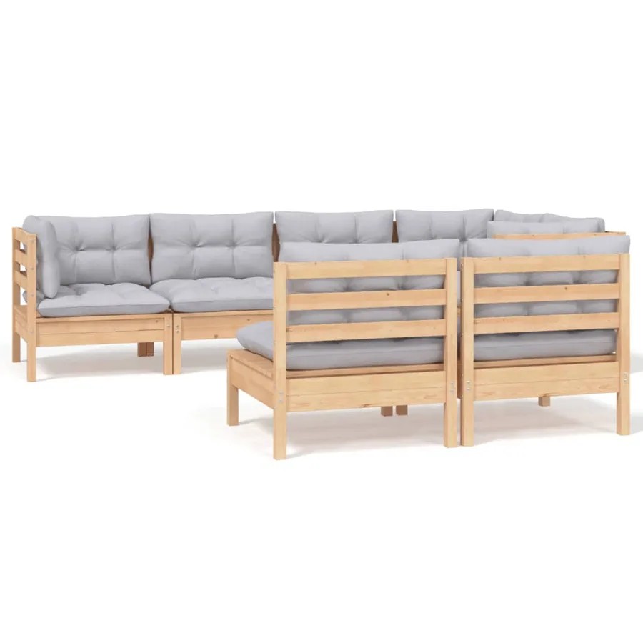 Salon de jardin 7 pcs avec coussins gris bois de pin massif - 2