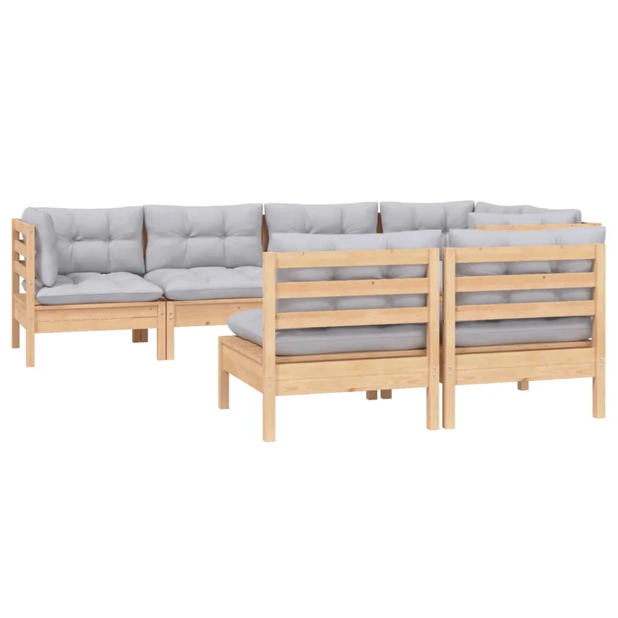Salon de jardin 7 pcs avec coussins gris bois de pin massif - 3