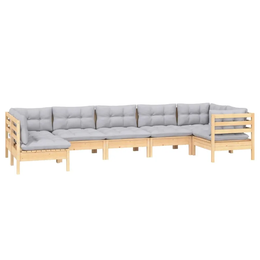 Salon de jardin 7 pcs avec coussins gris bois de pin - 3