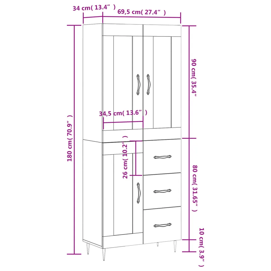 Buffet haut Blanc 69,5x34x180 cm Bois d'ingénierie - 14