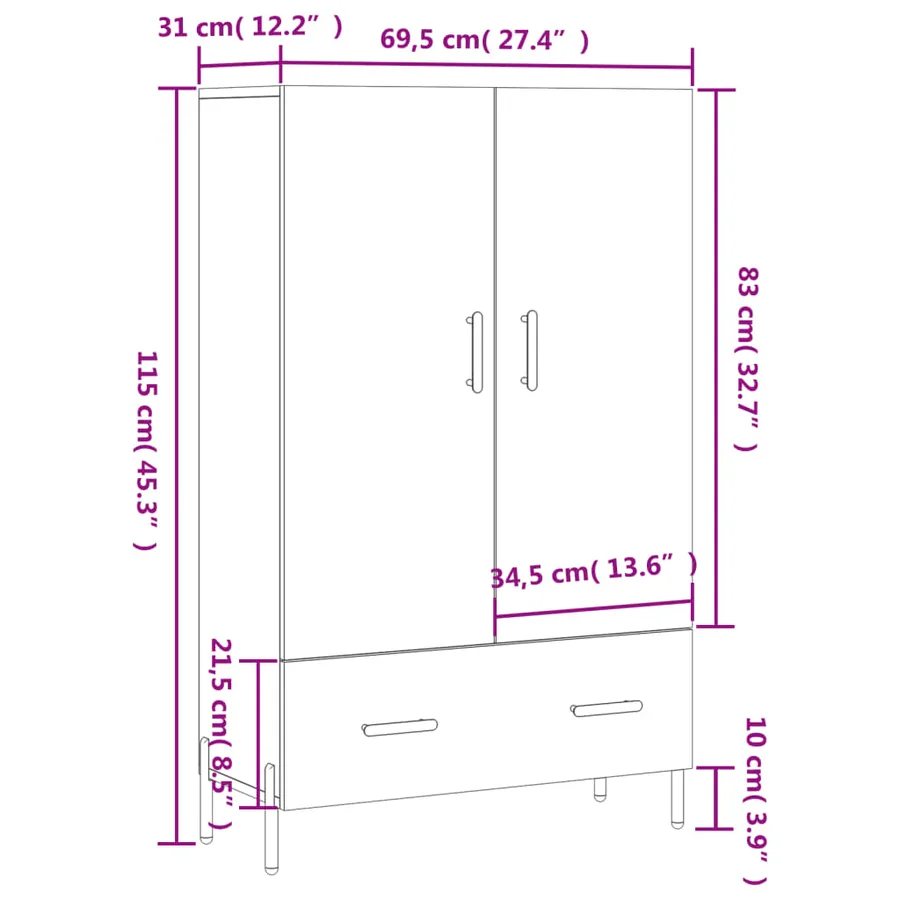 Buffet haut blanc brillant 69,5x31x115 cm bois d'ingénierie - 13