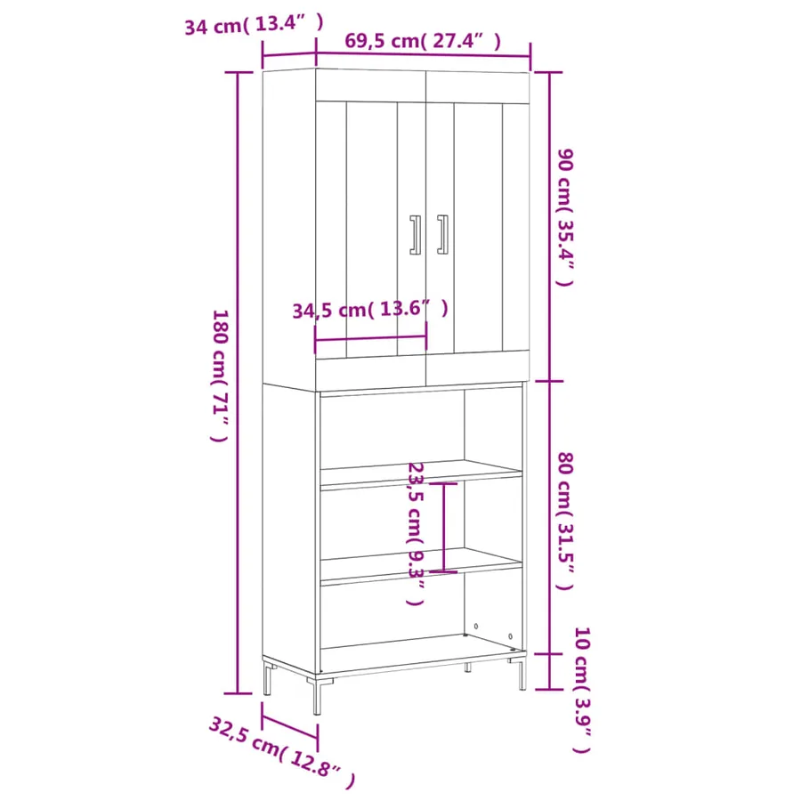 Buffet haut Gris béton 69,5x34x180 cm Bois d'ingénierie - 13