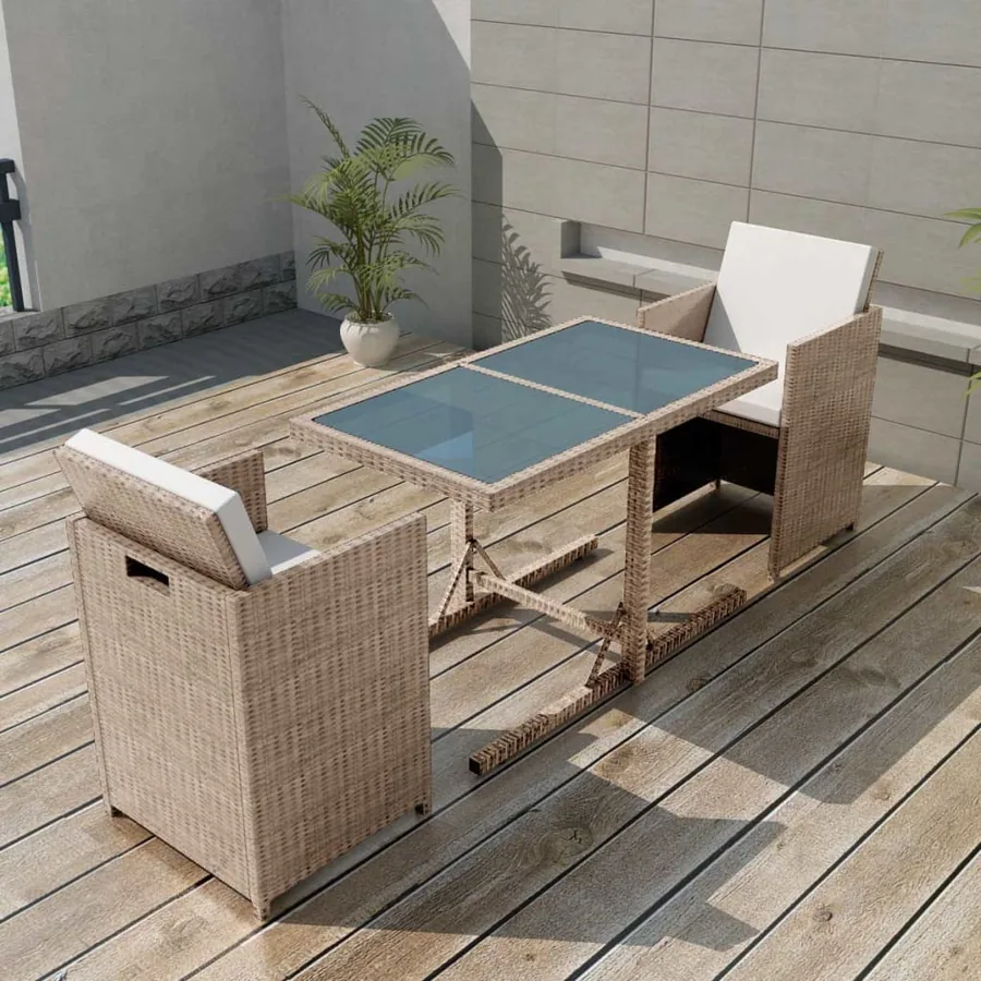 Ensemble de bistro 3 pcs avec coussins résine tressée beige