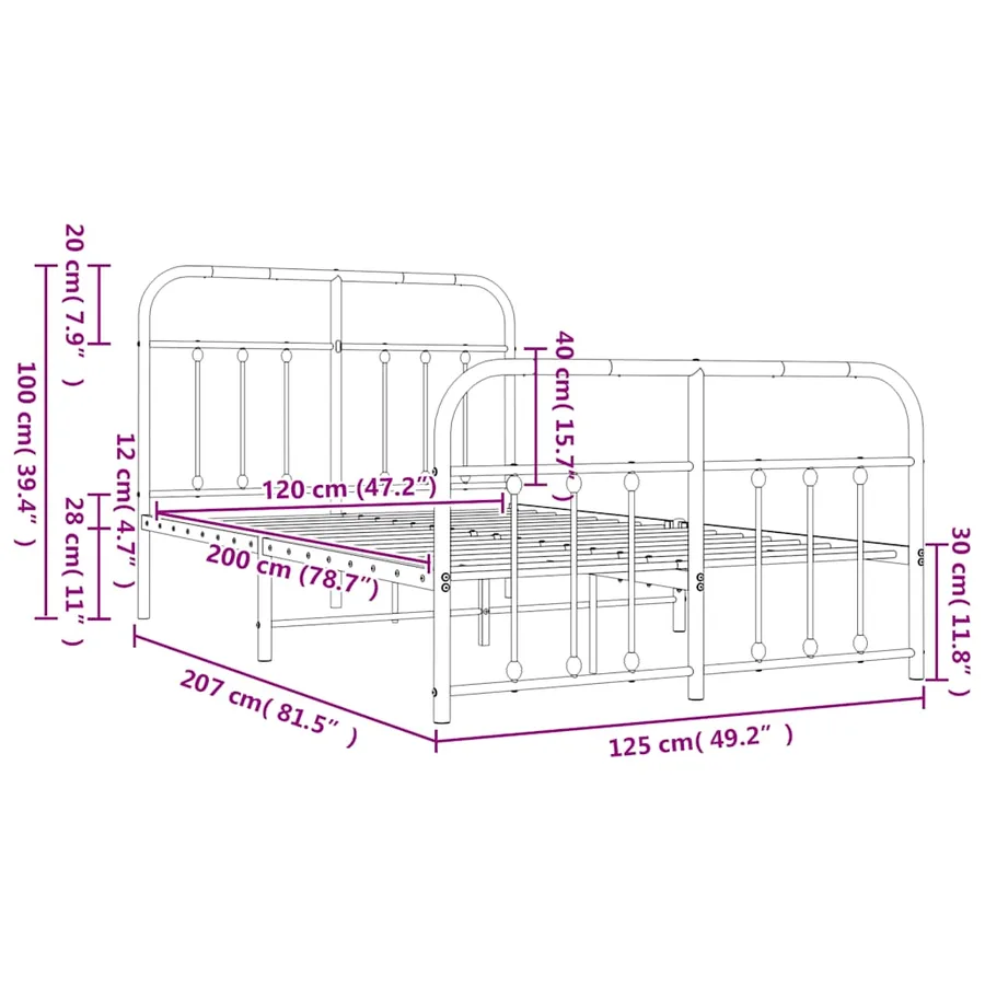Cadre de lit métal sans matelas et pied de lit blanc 120x200 cm - 10