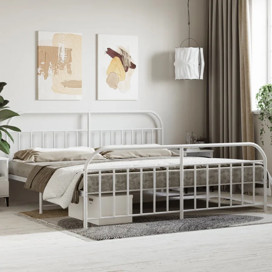 Cadre de lit métal sans matelas et pied de lit blanc 200x200 cm