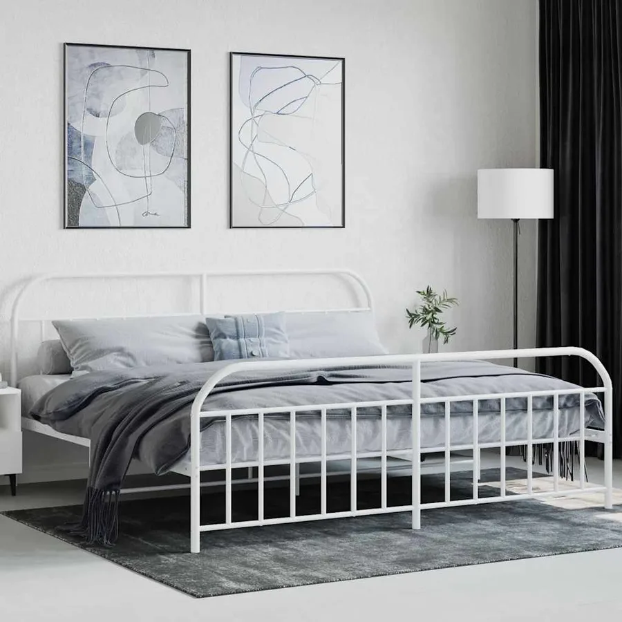 Cadre de lit métal sans matelas et pied de lit blanc 200x200 cm - 4