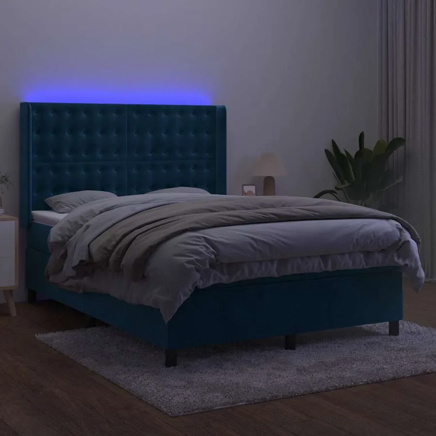 Sommier à lattes de lit matelas et LED Bleu foncé 140x200 cm - 4