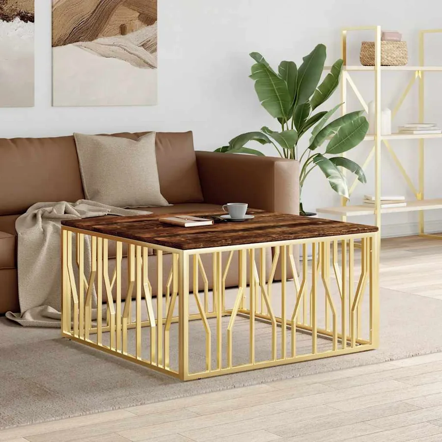 Table basse doré acier inoxydable et bois massif récupération
