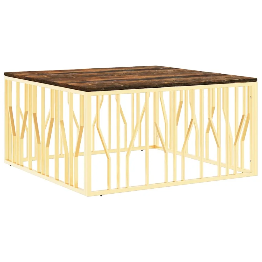 Table basse doré acier inoxydable et bois massif récupération - 2