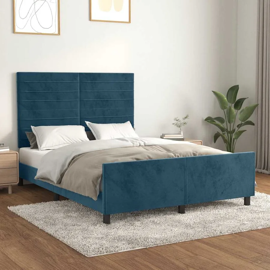 Cadre de lit sans matelas bleu foncé 140x190 cm velours