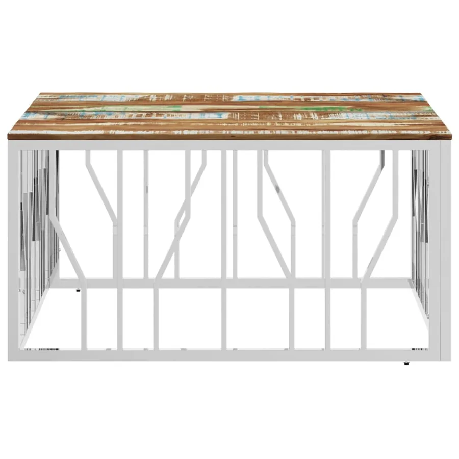 Table basse argenté acier inoxydable/bois massif récupération - 4