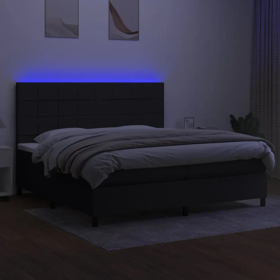 Sommier à lattes de lit et matelas et LED Noir 200x200 cm Tissu - 4