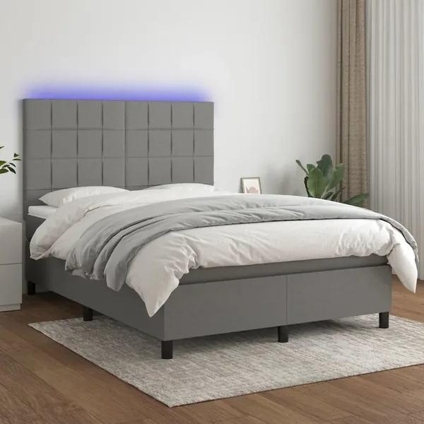 Sommier à lattes de lit et matelas et LED Gris foncé 140x200 cm