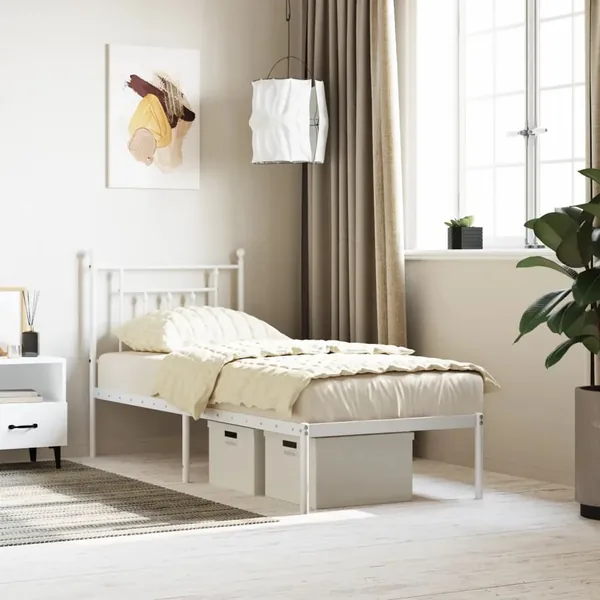Cadre de lit métal sans matelas avec tête de lit blanc 75x190cm