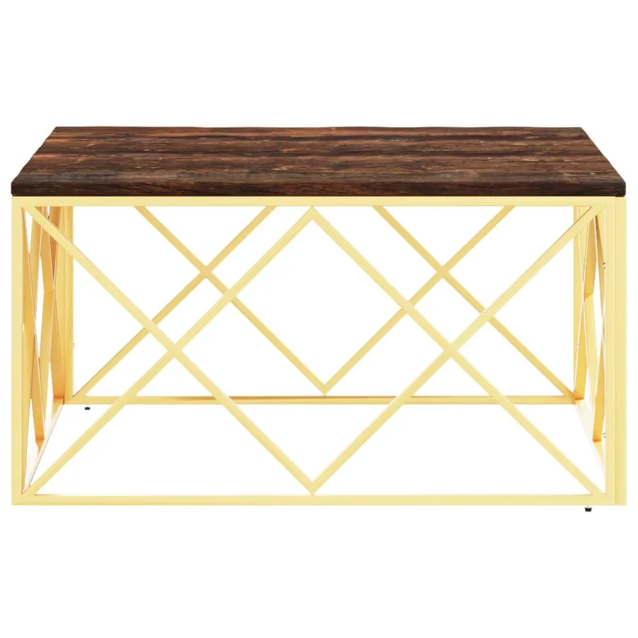 Table basse doré acier inoxydable et bois massif récupération - 3