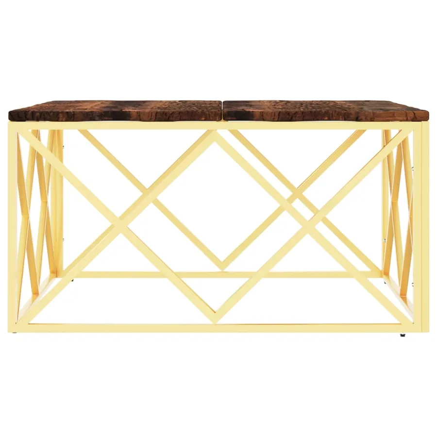 Table basse doré acier inoxydable et bois massif récupération - 4
