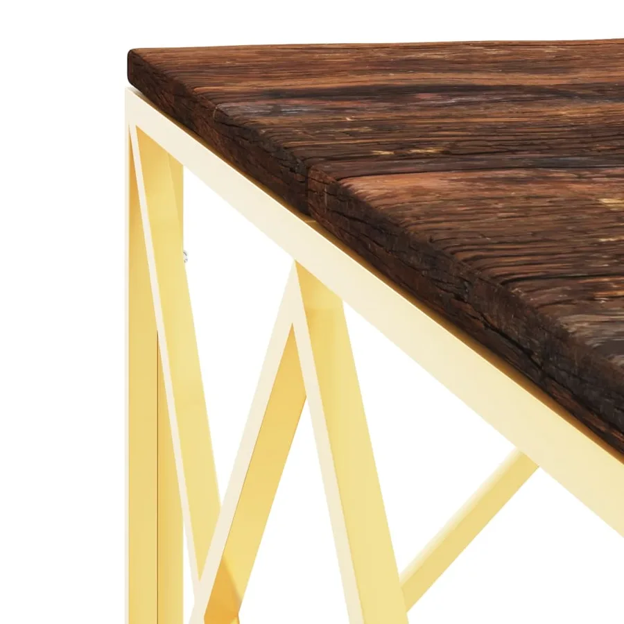 Table basse doré acier inoxydable et bois massif récupération - 5