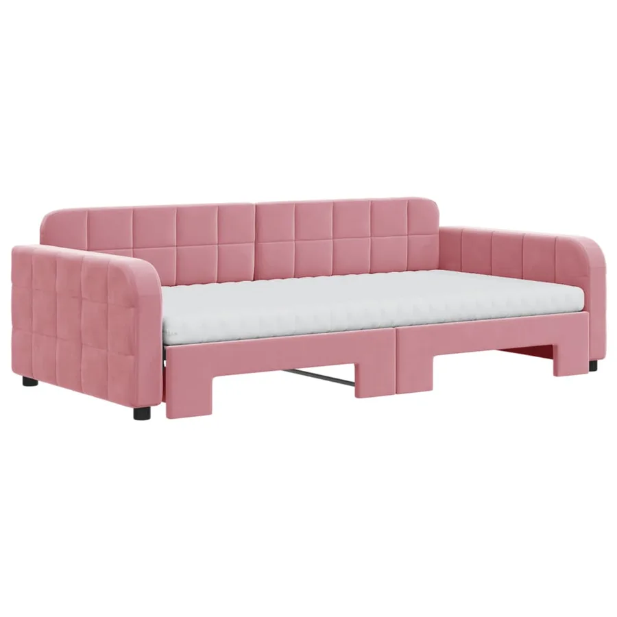 Lit de jour avec lit gigogne et matelas rose 100x200 cm velours - 3