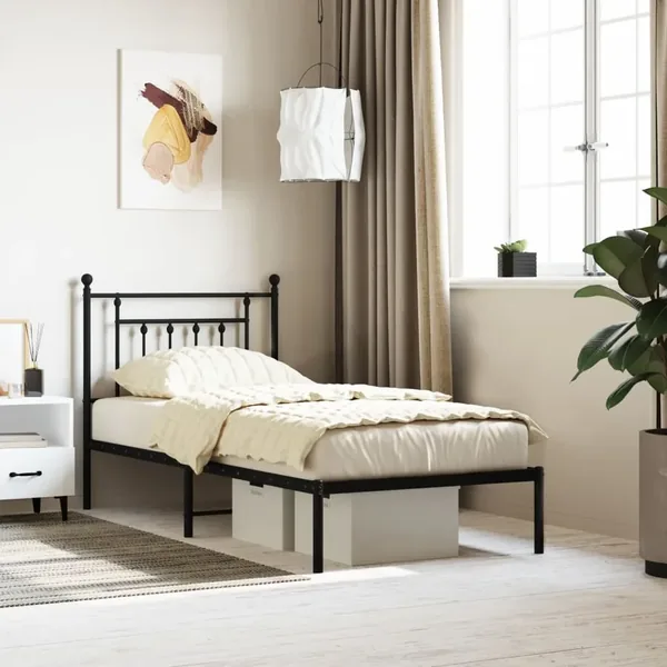 Cadre de lit métal sans matelas avec tête de lit noir 90x190 cm
