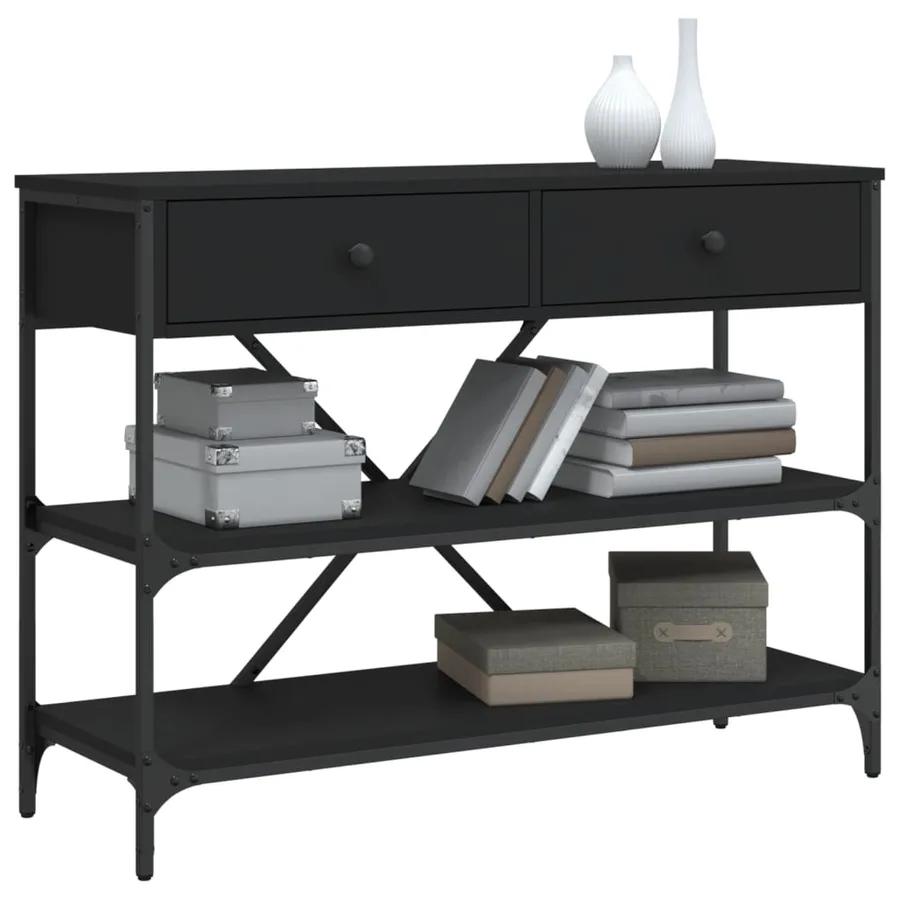 Table console avec tiroirs et étagères noir bois d'ingénierie - 3