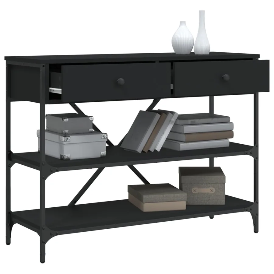 Table console avec tiroirs et étagères noir bois d'ingénierie - 4