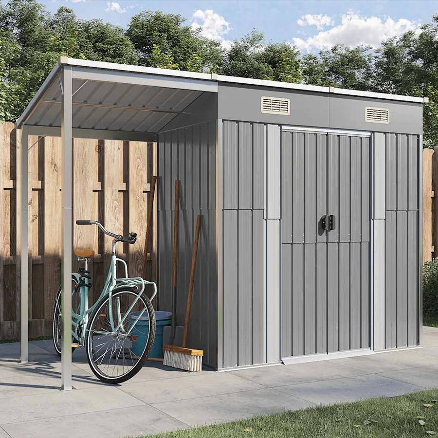 Abri de jardin avec toit allongé gris clair 277 x 107 x 181 cm en Métal