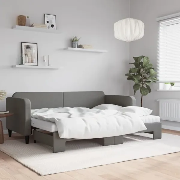 Lit de jour avec gigogne et matelas gris foncé 80x200 cm tissu