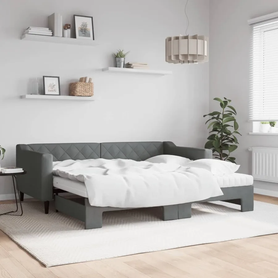 Lit de jour avec gigogne et matelas gris foncé 90x190 cm tissu