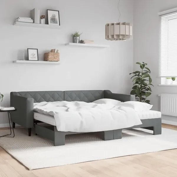 Lit de jour avec gigogne et matelas gris foncé 90x190 cm tissu