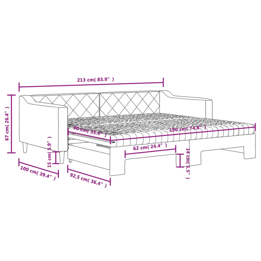Lit de jour avec gigogne et matelas gris foncé 90x190 cm tissu - 12