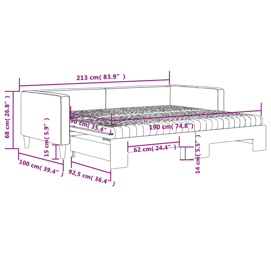 Lit de jour avec gigogne et matelas gris clair 90x190 cm tissu - 12