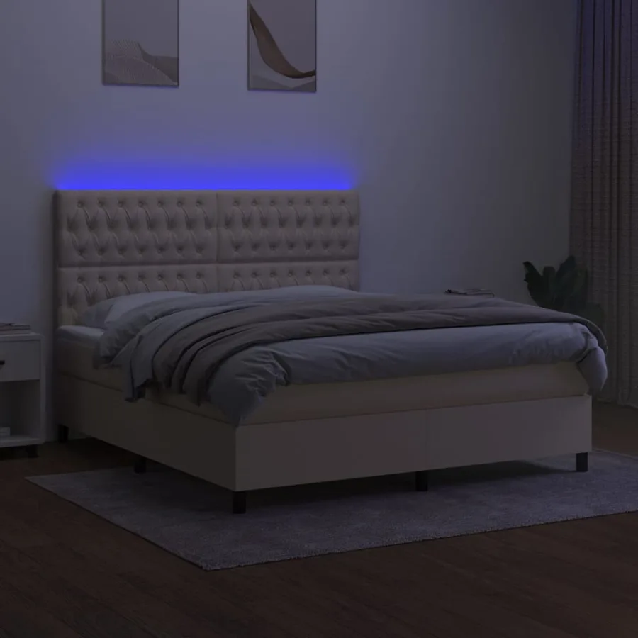 Sommier à lattes de lit et matelas et LED Crème 160x200cm Tissu - 4