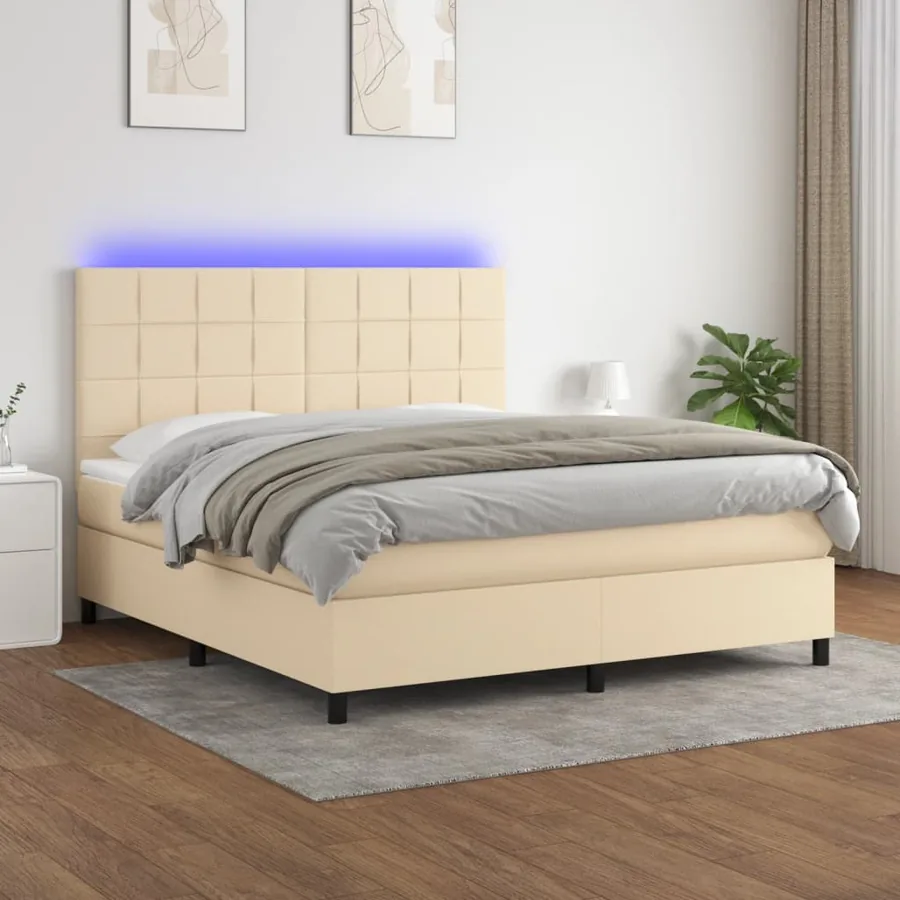 Sommier à lattes de lit et matelas et LED Crème 160x200cm Tissu