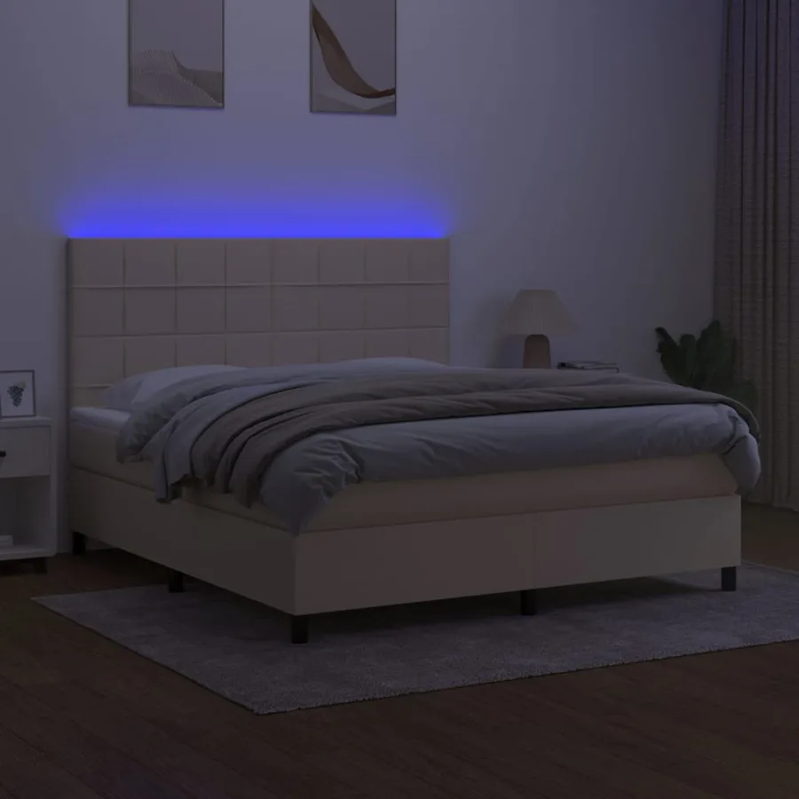Sommier à lattes de lit et matelas et LED Crème 160x200cm Tissu - 4