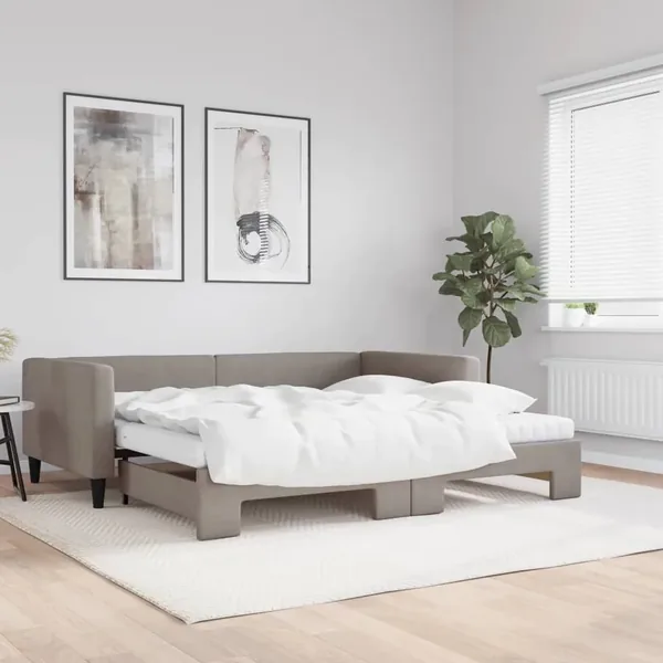 Lit de jour avec gigogne et matelas taupe 100x200 cm tissu