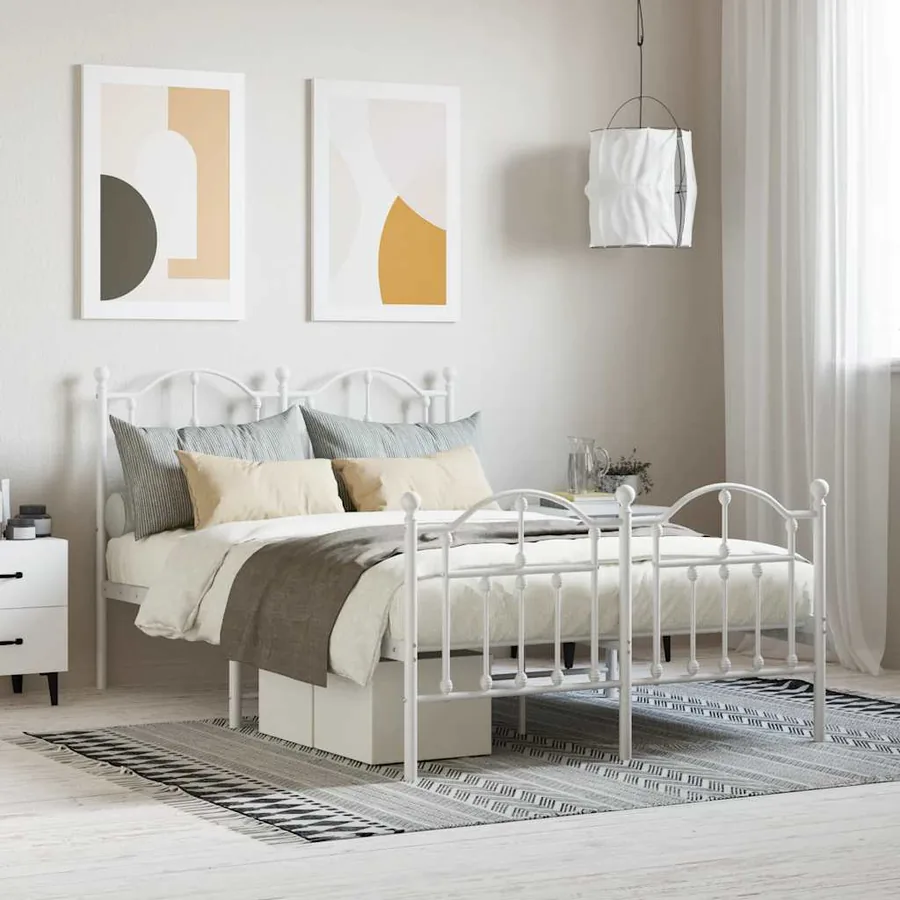 Cadre de lit métal sans matelas et pied de lit blanc 120x190 cm