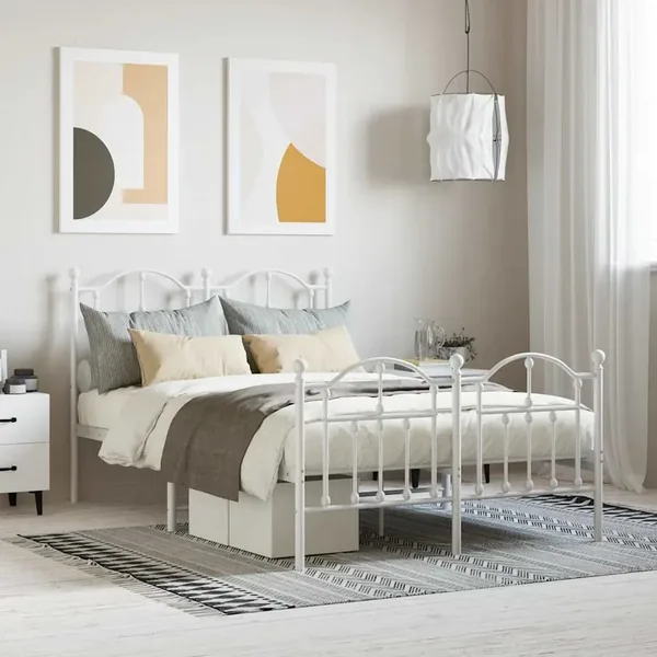 Cadre de lit métal sans matelas et pied de lit blanc 120x190 cm