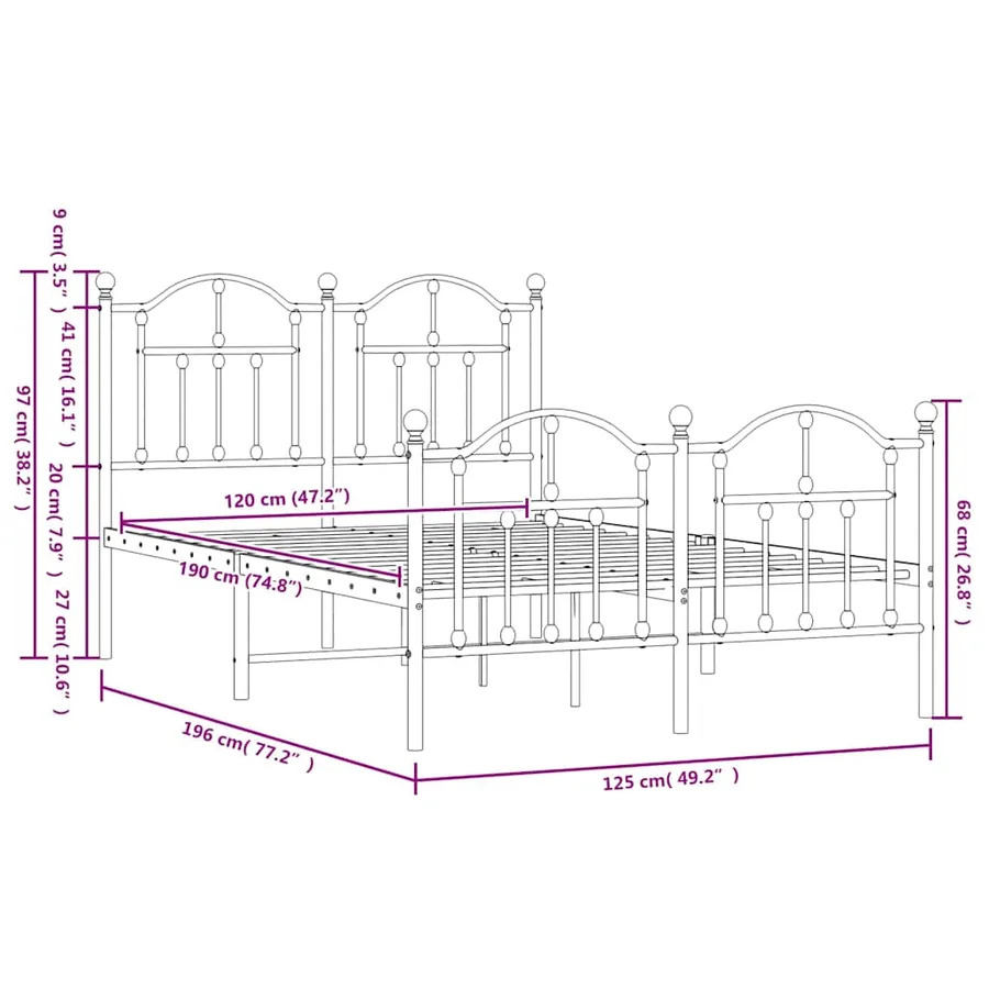 Cadre de lit métal sans matelas et pied de lit blanc 120x190 cm - 9