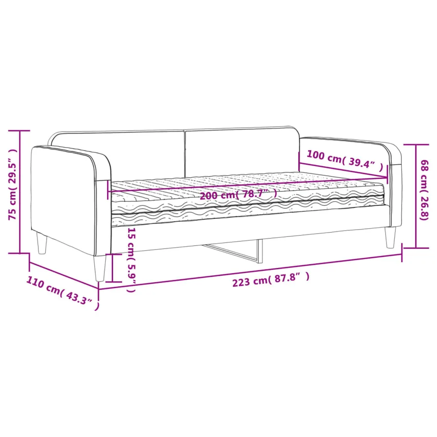 Lit de jour avec matelas noir 100x200 cm tissu - 12