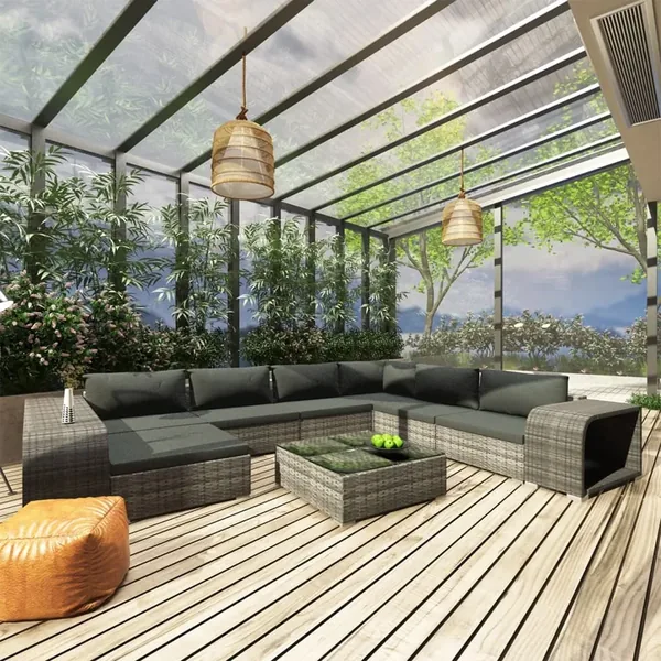Salon de jardin 10 pcs avec coussins Résine tressée Gris