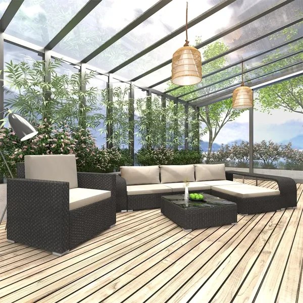 Salon de jardin 8 pcs avec coussins résine tressée noir