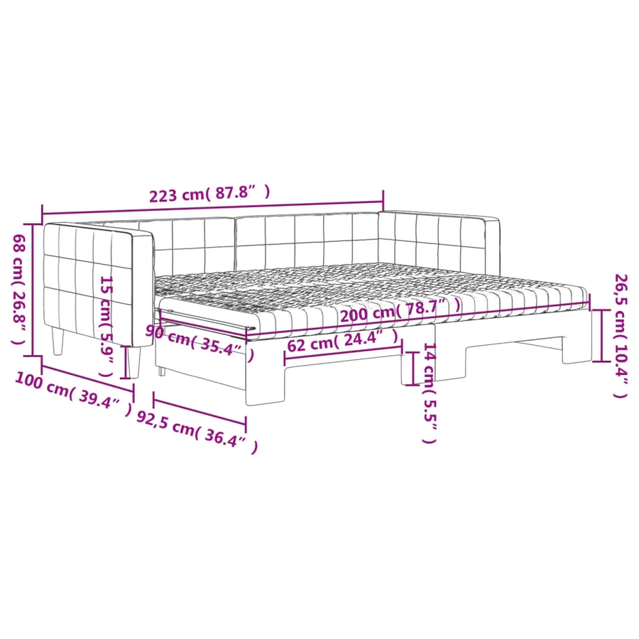 Lit de jour avec gigogne et matelas gris clair 90x200cm velours - 12