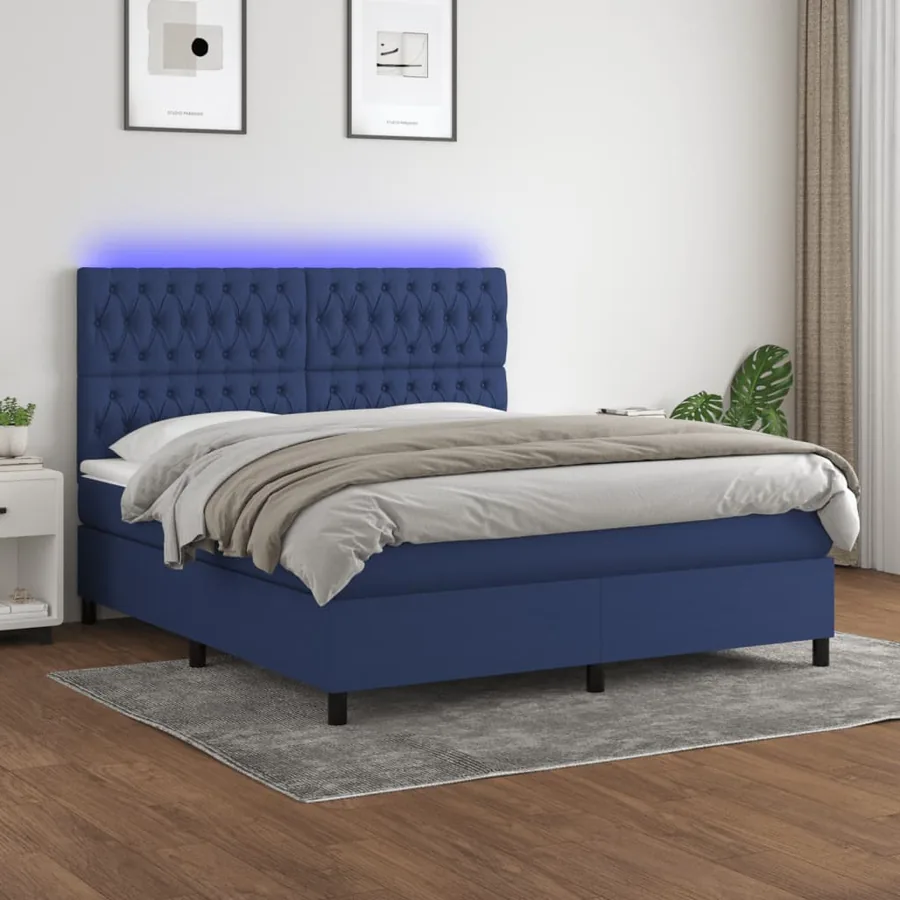 Sommier à lattes de lit et matelas et LED Bleu 180x200 cm Tissu